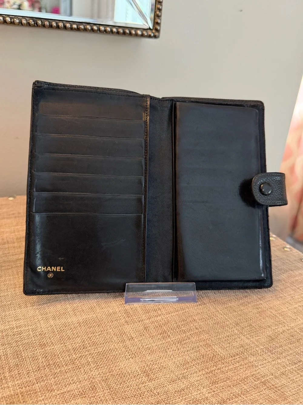 CHANEL EUC Black Quilted Caviar Leather Long Wallet with CC Motif